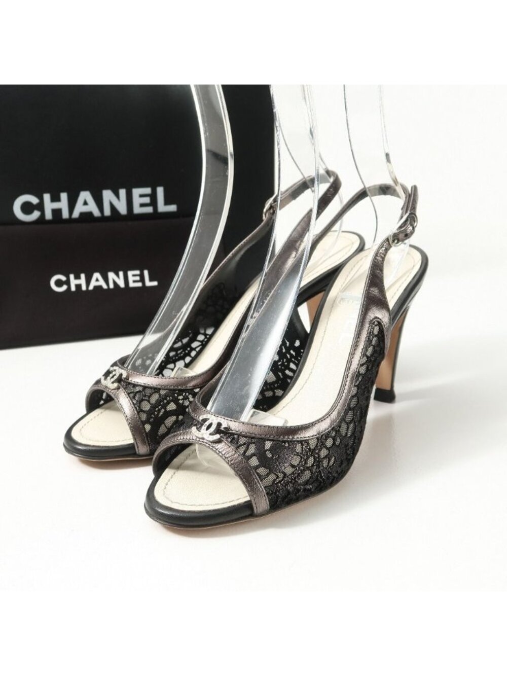 Chanel Pumps 37 CC Logo Lace Sling Back Open Toe Heel